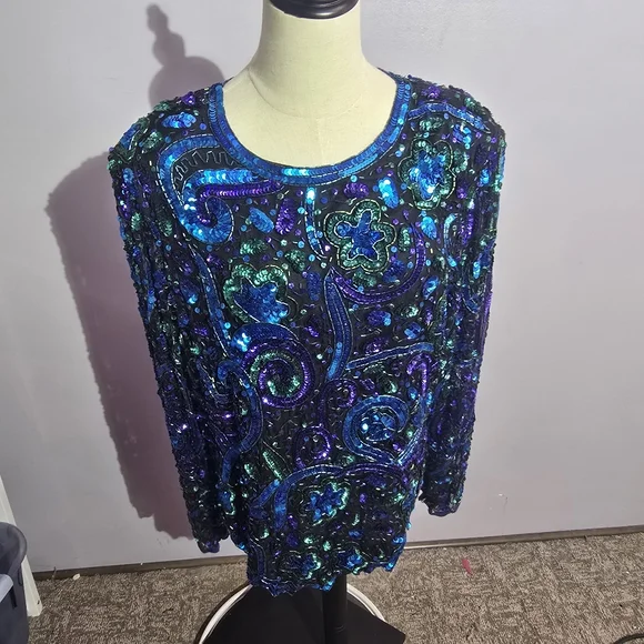 Vintage laurence kazar long sleeve sequin top plus size 1x - Picture 1 of 5